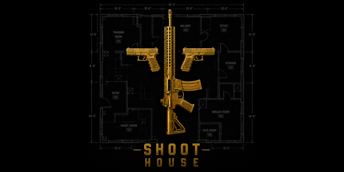Shoot House — gold firearms over a training-house floor plan