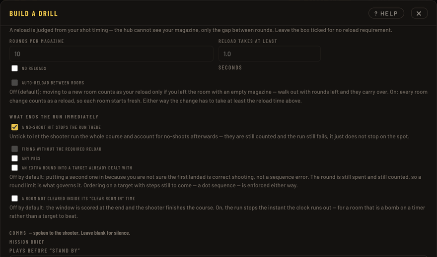 The reload settings and the list of things that end the run immediately